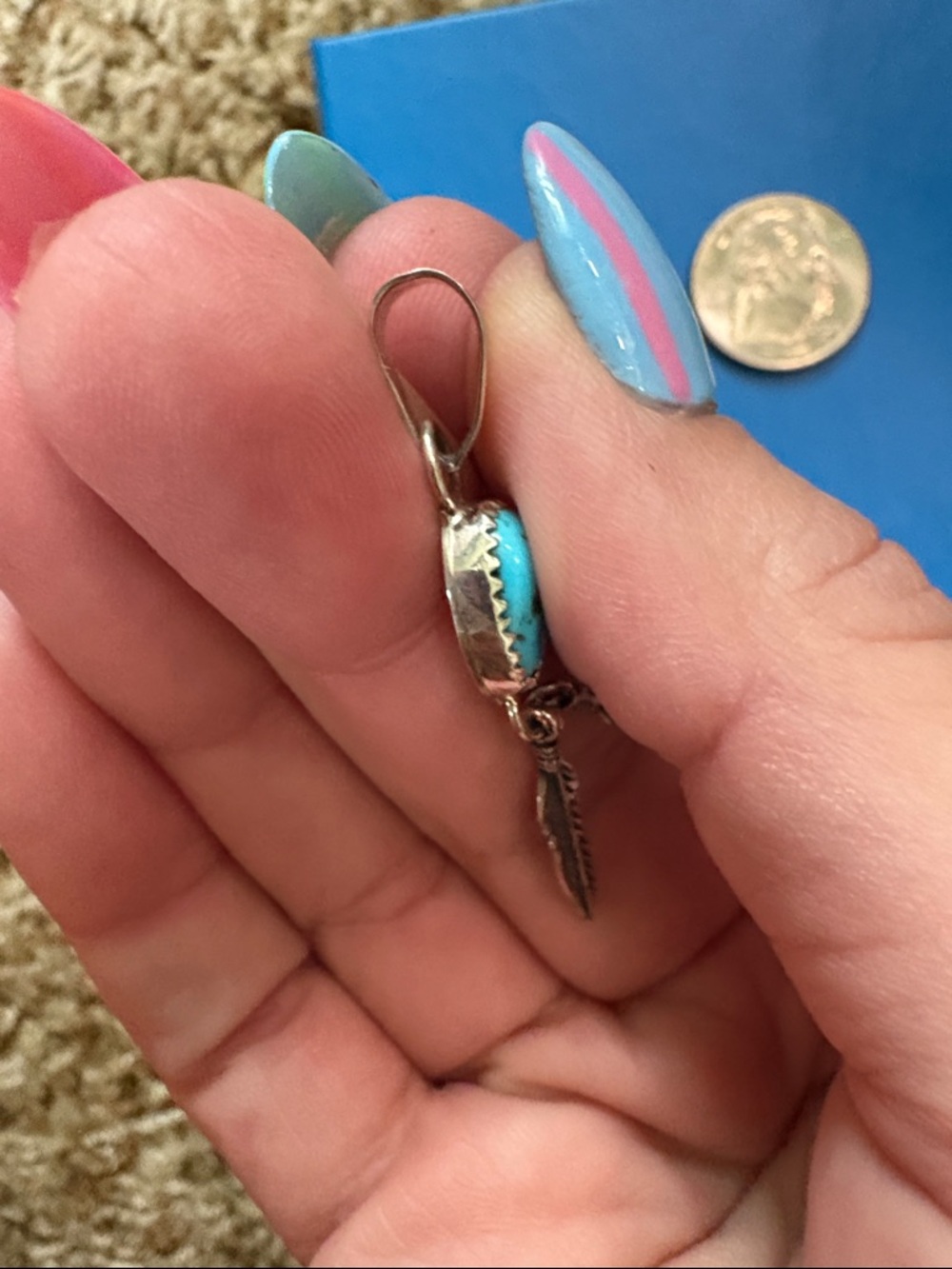 Navajo A. Johnson Made Sterling Silver & Turquoise Feather Pendant - Picture 5 of 5